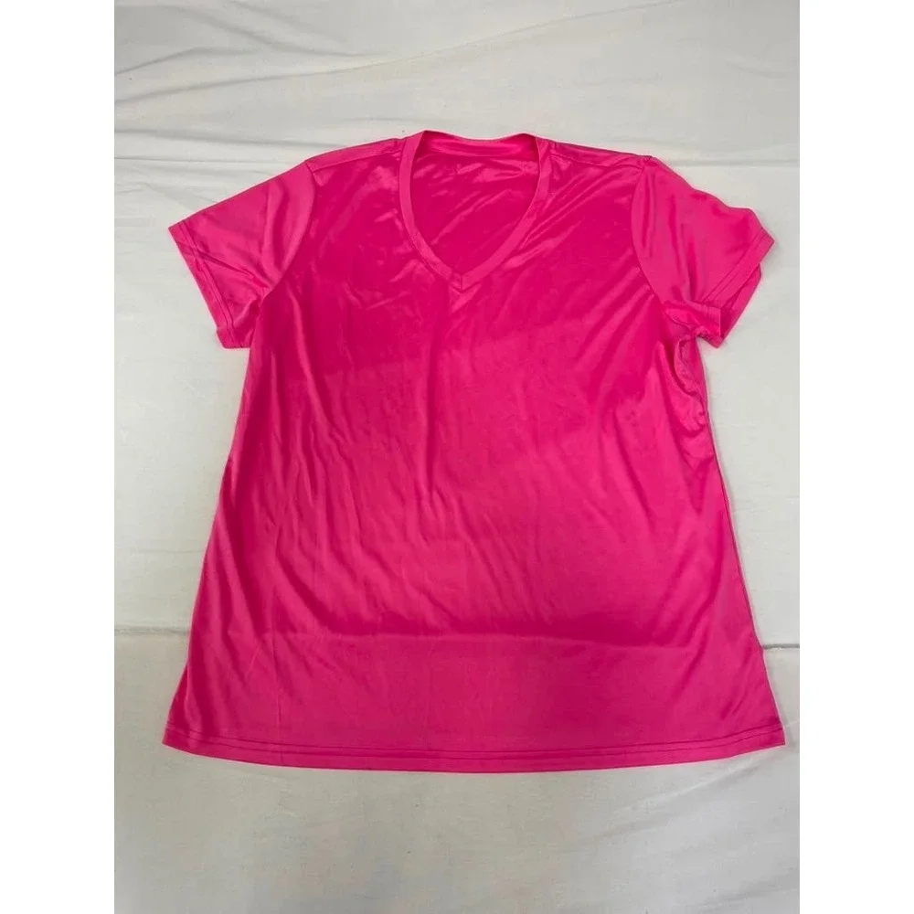 Womens Hot Pink V-Neck Athletic T-Shirt Short Sleeve Performance Top‎ 2XL